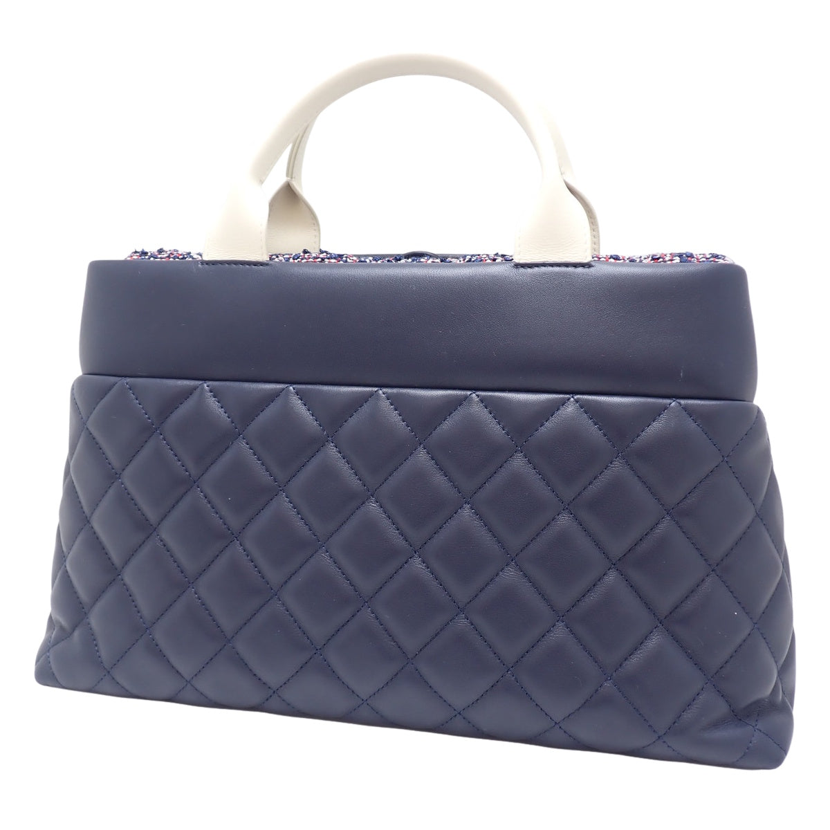 Matelasse Coco Mark 2-Way Chain Shoulder Bag, Lamb Tweed, Navy, Ivory, A93270