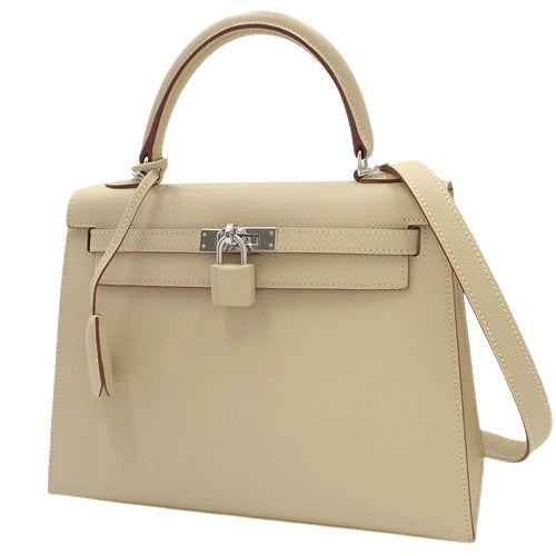 Kelly 25 (external stitching) Epsom leather, palladium hardware, Parchemin, □M stamp