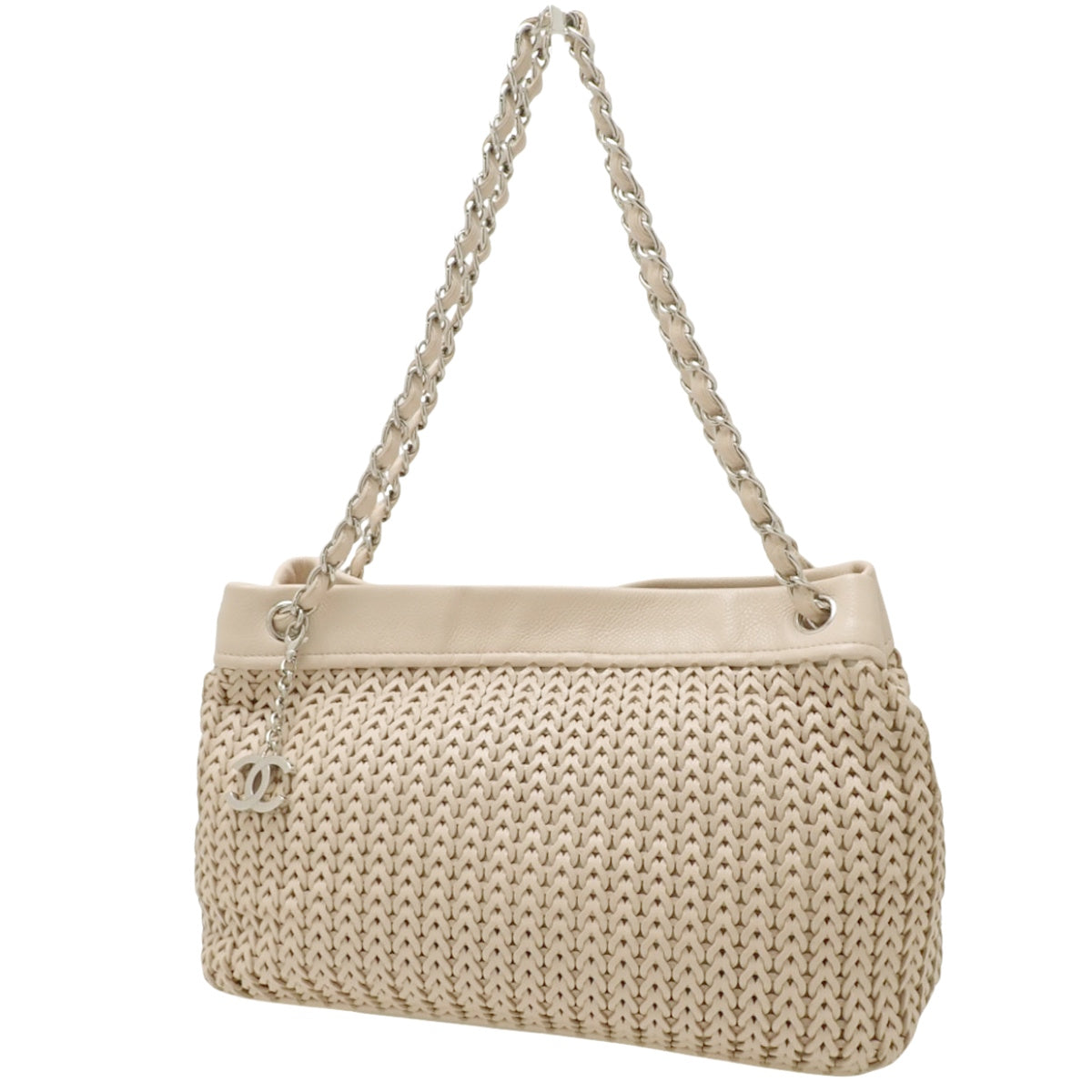 Woven Chain Shoulder Tote, Leather, Beige, Shoulder Bag, Mesh