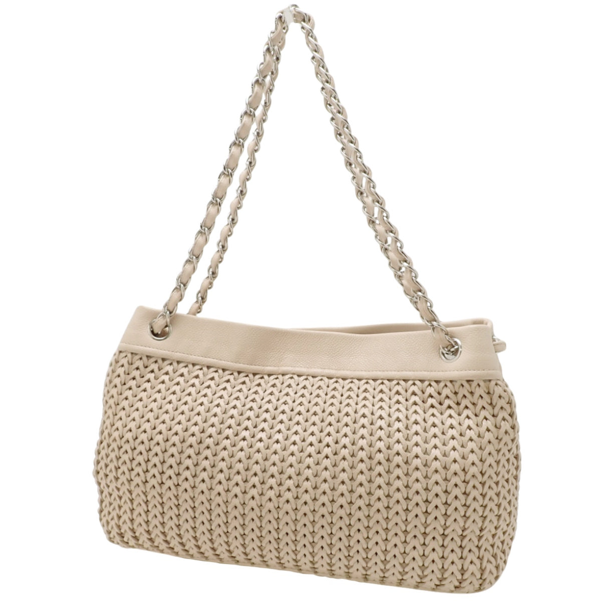 Woven Chain Shoulder Tote, Leather, Beige, Shoulder Bag, Mesh