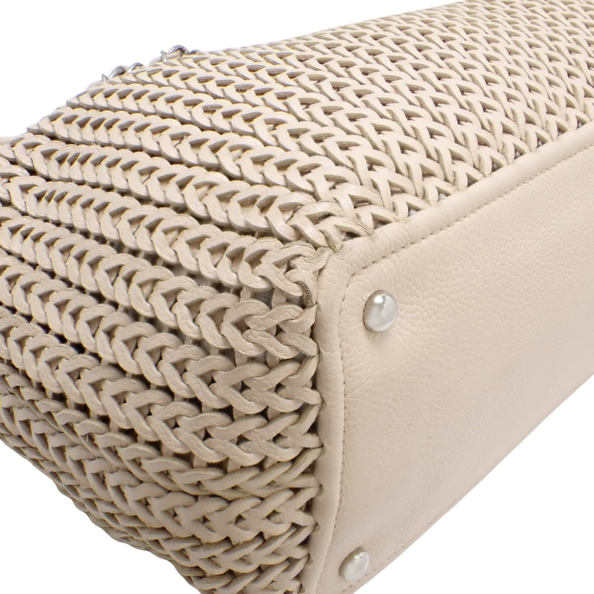 Woven Chain Shoulder Tote, Leather, Beige, Shoulder Bag, Mesh