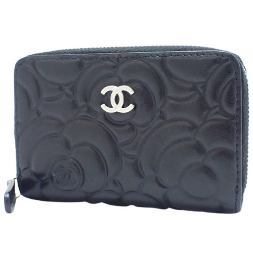 Camellia Zip Coin Purse, Card Case, Business Card Holder, Round Zipper, Lambskin, A82551