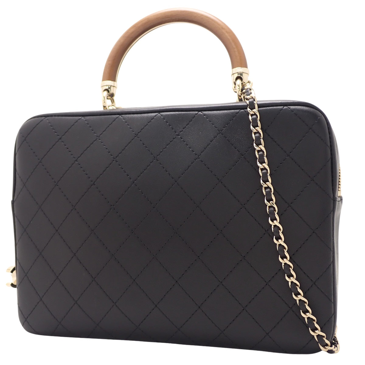 Matelassé wood handle bag in black calfskin