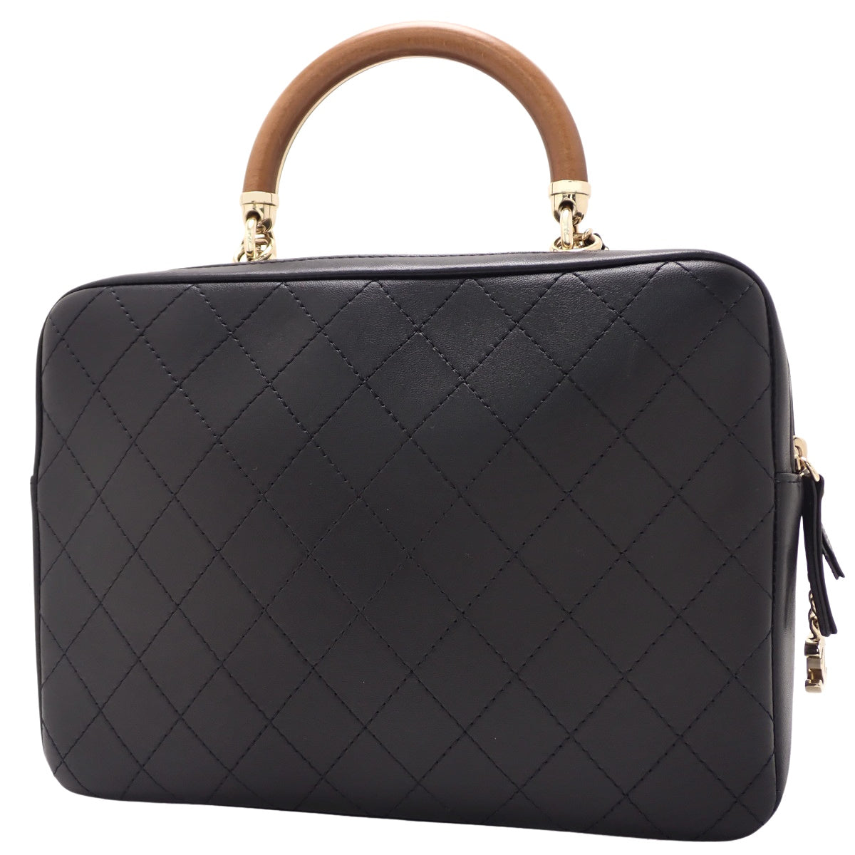 Matelassé wood handle bag in black calfskin