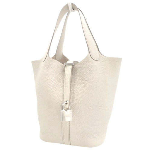 Picotin Lock PM tote bag, Triomphe Clemence leather, palladium hardware, Beton color, D stamp.