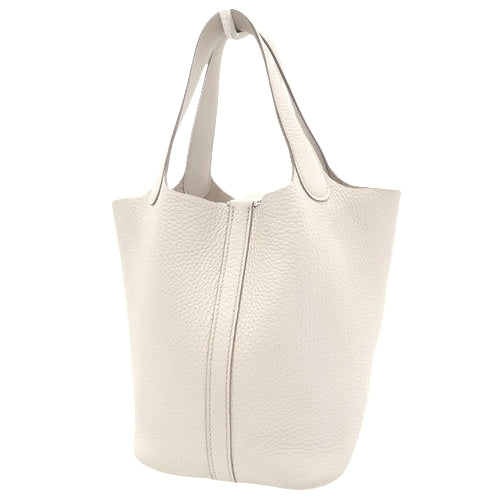 Picotin Lock PM tote bag, Triomphe Clemence leather, palladium hardware, Beton color, D stamp.