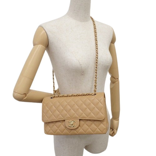 Matelasse Coco Mark Double Flap Chain Shoulder Bag in Caviar Skin