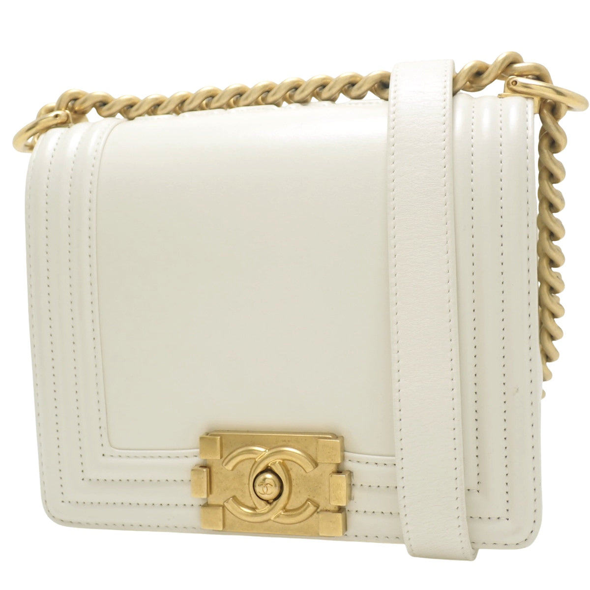 Boy Chanel Chain Shoulder Bag, Calfskin, White, AS3018