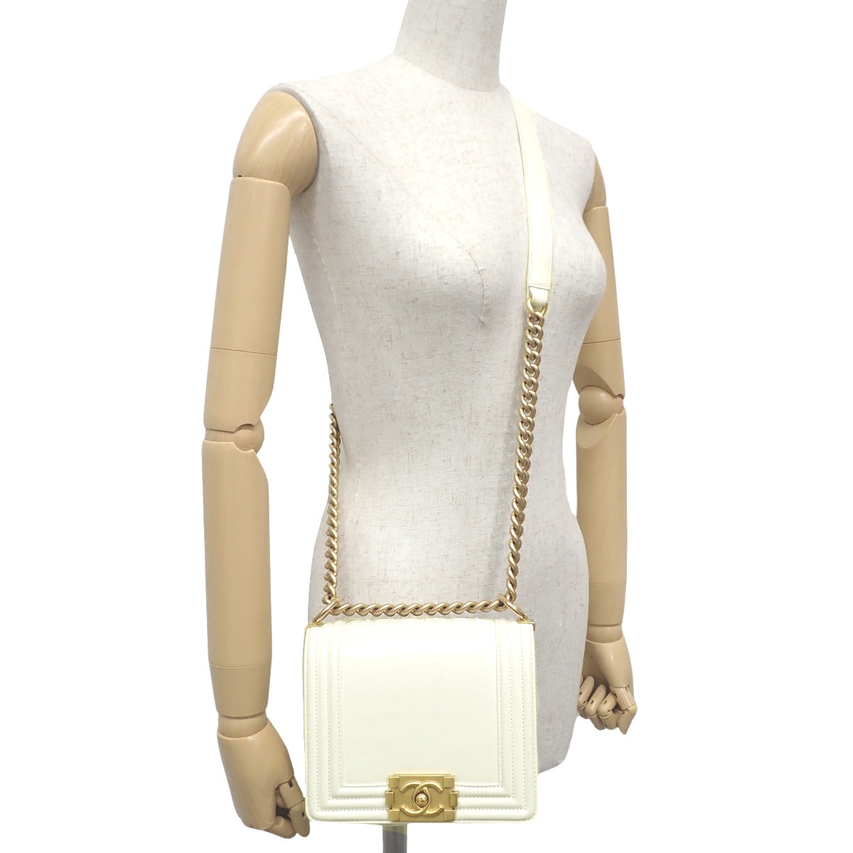 Boy Chanel Chain Shoulder Bag, Calfskin, White, AS3018