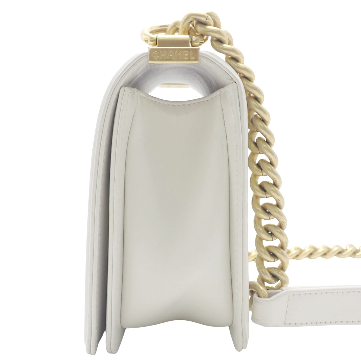 Boy Chanel Chain Shoulder Bag, Calfskin, White, AS3018