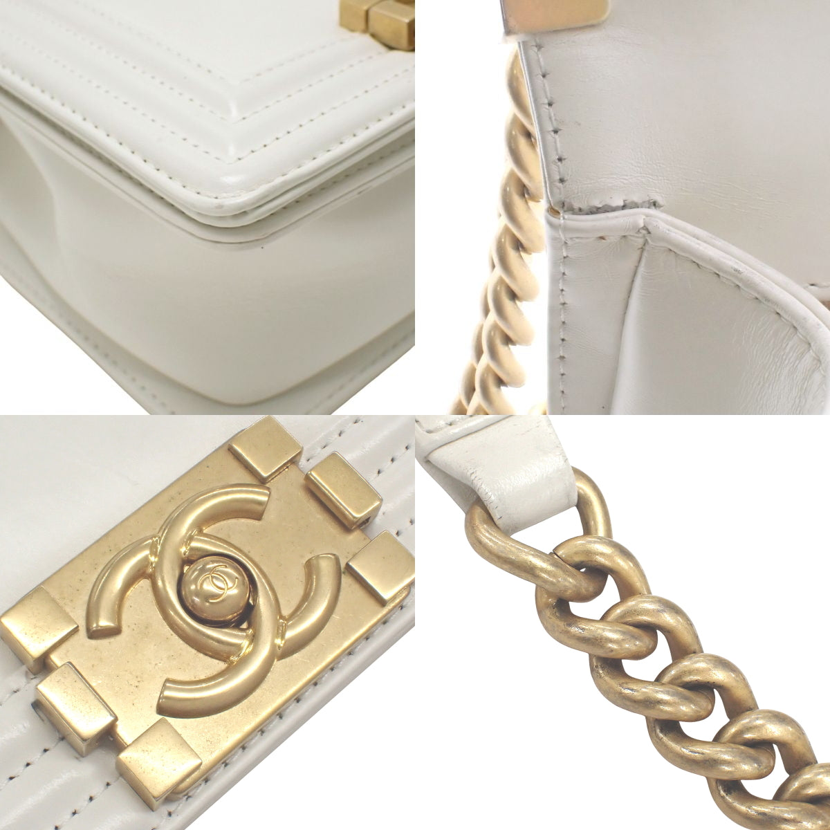 Boy Chanel Chain Shoulder Bag, Calfskin, White, AS3018