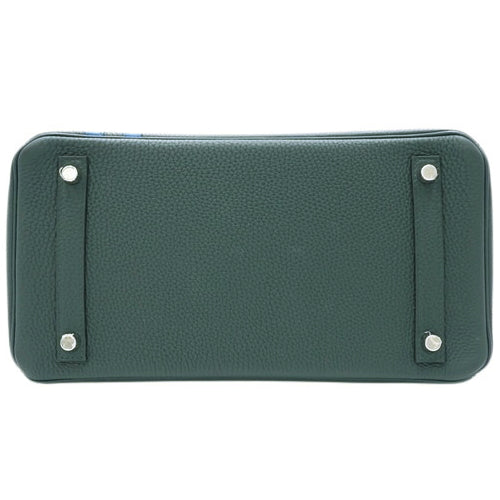 Birkin Officer 30 Tote 包,Togo 色,钯金金属配件,柏木绿/Zélige 蓝,C 印章