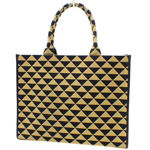 シンボル エンブロイダリー ラージハンドバッグ トライアングルロゴ ファブリック サフィアーノレザー TRIANGOLO JACQUARD NERO+CORDA 1BA356_2FKL_F0Y30_V_OOM