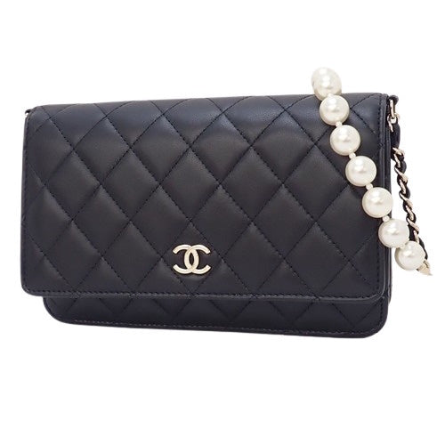 Matelasse Pearl Chain Long Wallet in Lambskin with Faux Pearls