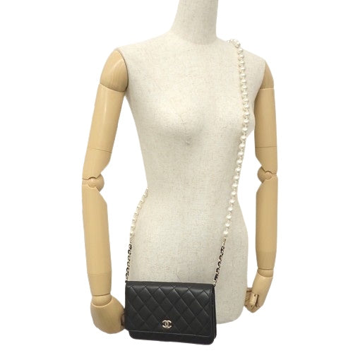 Matelasse Pearl Chain Long Wallet in Lambskin with Faux Pearls