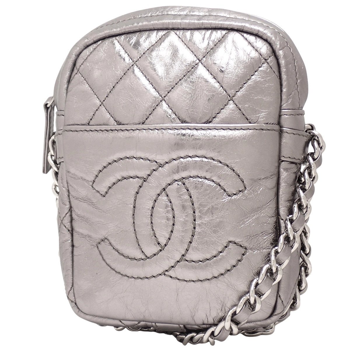 Matelasse Coco Mark Chain Shoulder Bag, Leather, Silver