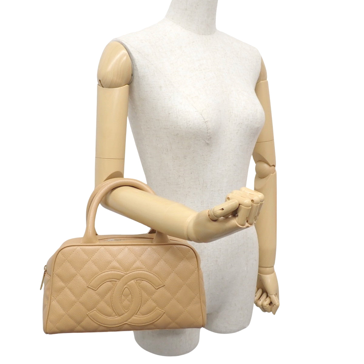 Matelasse Mini Boston Bag, Caviar Skin, Beige