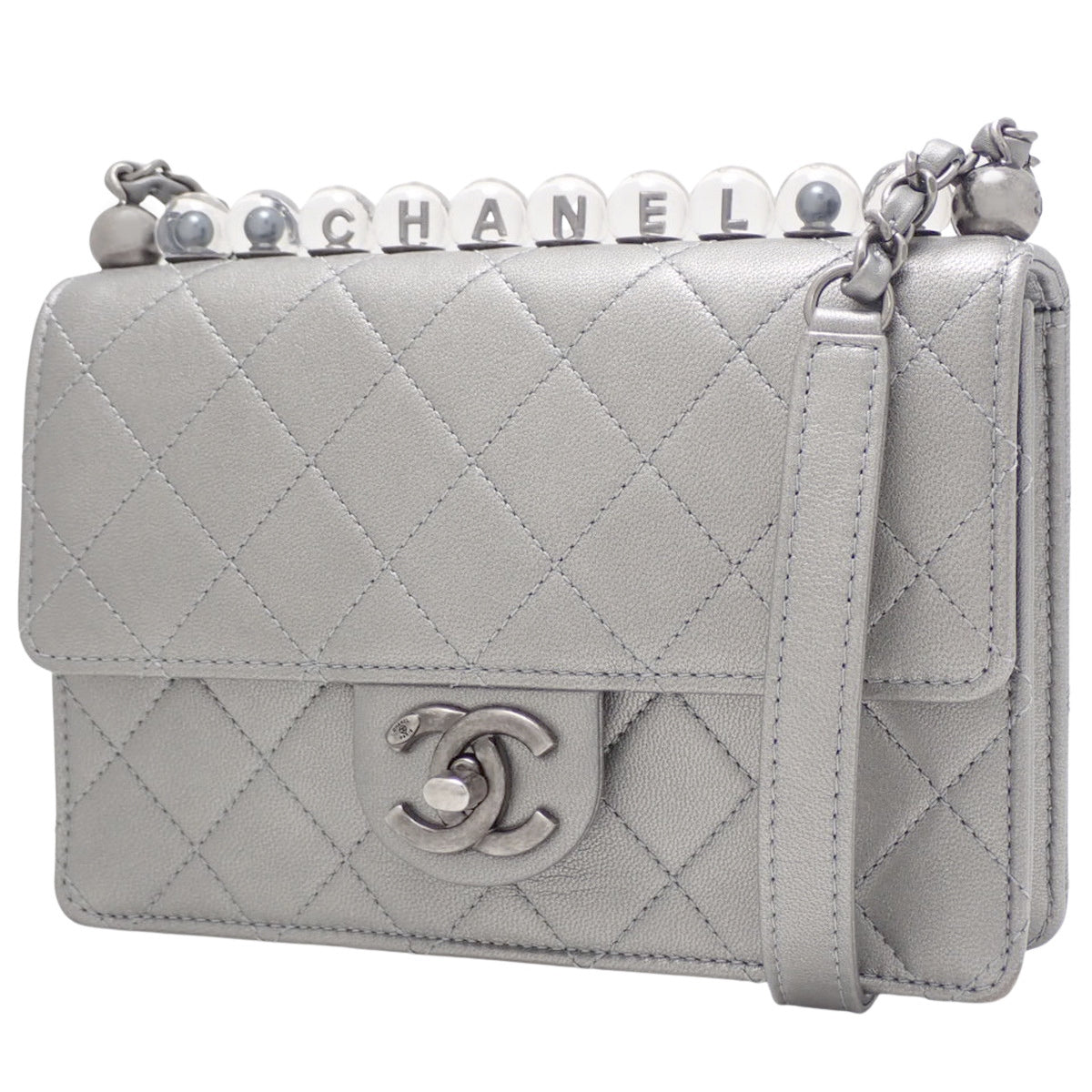 Matelasse Coco Mark Chain Shoulder Bag, Leather, Silver Gray