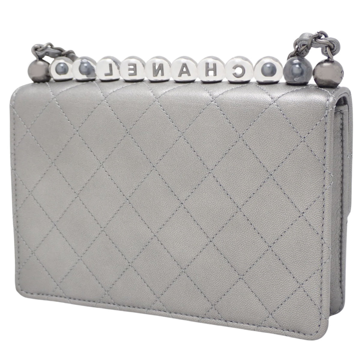 Matelasse Coco Mark Chain Shoulder Bag, Leather, Silver Gray