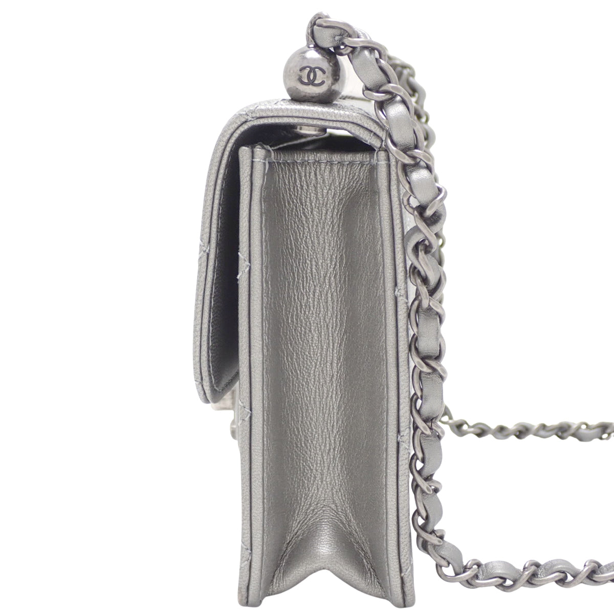 Matelasse Coco Mark Chain Shoulder Bag, Leather, Silver Gray