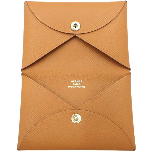 Calvi Gold Epsom Leather Palladium Hardware Silver Hardware W Stamp Business Card Holder Bifold