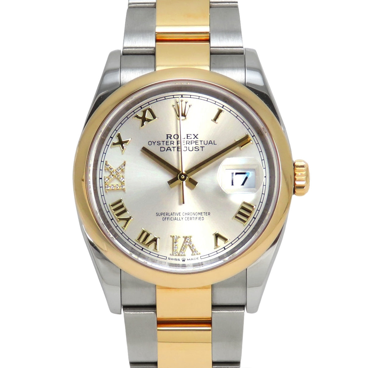 126203 Datejust 36 YG/SS, random serial number, automatic winding, silver dial with VI and IX diamond hour markers.