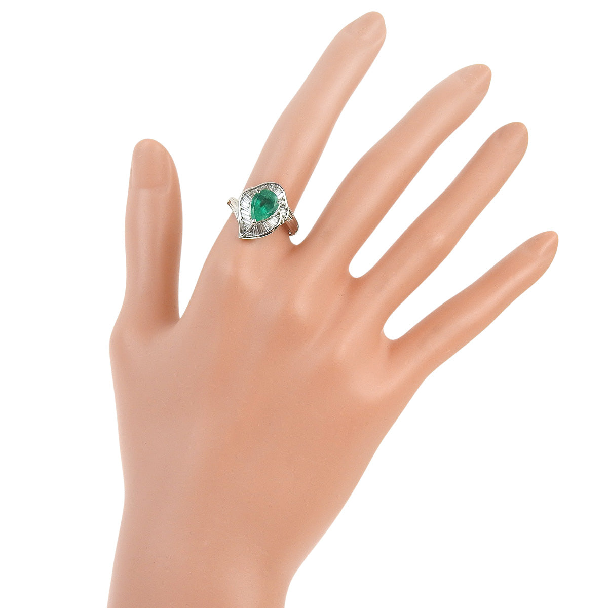 Emerald and Diamond Ring, E1.59/D1.00, Pt900 Platinum, Leaf Motif, Teardrop.