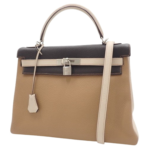 Kelly 32 (inner stitching) Tricolore, Taurillon Clemence leather, palladium hardware, Argile, Tabac, camel, chocolate, G stamp