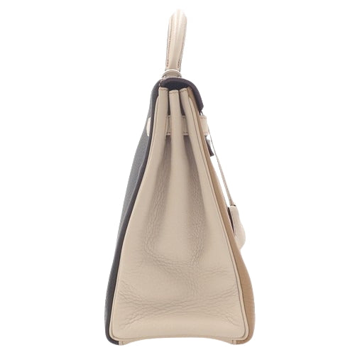 Kelly 32 (inner stitching) Tricolore, Taurillon Clemence leather, palladium hardware, Argile, Tabac, camel, chocolate, G stamp