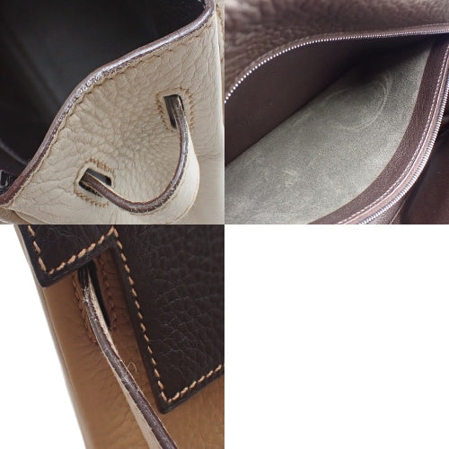 Kelly 32 (inner stitching) Tricolore, Taurillon Clemence leather, palladium hardware, Argile, Tabac, camel, chocolate, G stamp