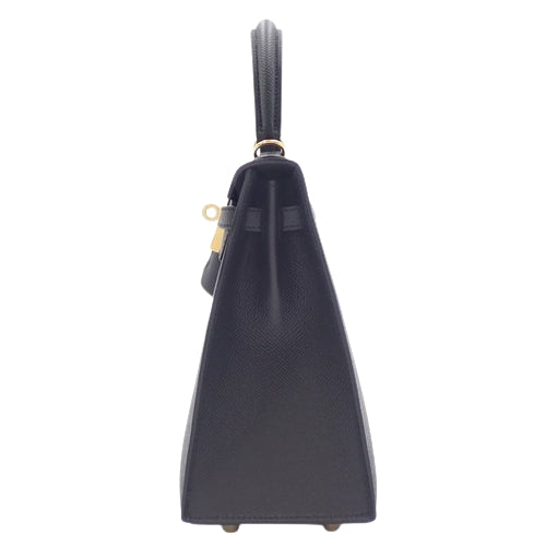 Brand New Kelly 25 (Exterior Stitched) Epsom Calfskin Black, Gold Hardware, K stamp.