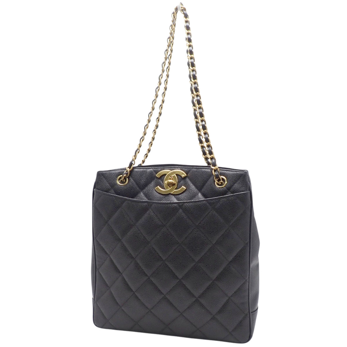 Matelasse Coco Mark Chain Shoulder Bag, Caviar Skin, Black