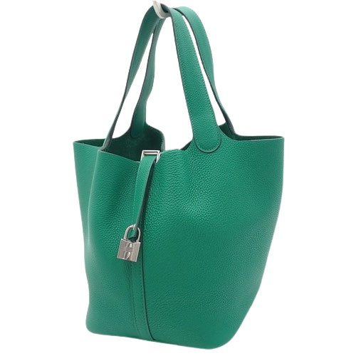 Picotin Lock 中号,Taurillon Clemence 皮革,钯金配件,翠绿色,U 形印章