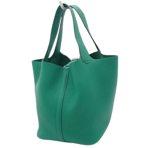 Picotin Lock 中号,Taurillon Clemence 皮革,钯金配件,翠绿色,U 形印章