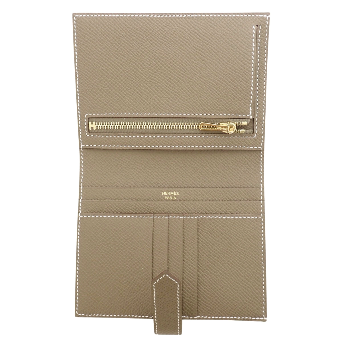 Bearn Compact Etoupe/Etoupe Epsom Leather, Gold Hardware, W Stamp, Bifold, Small Item, Mini Wallet