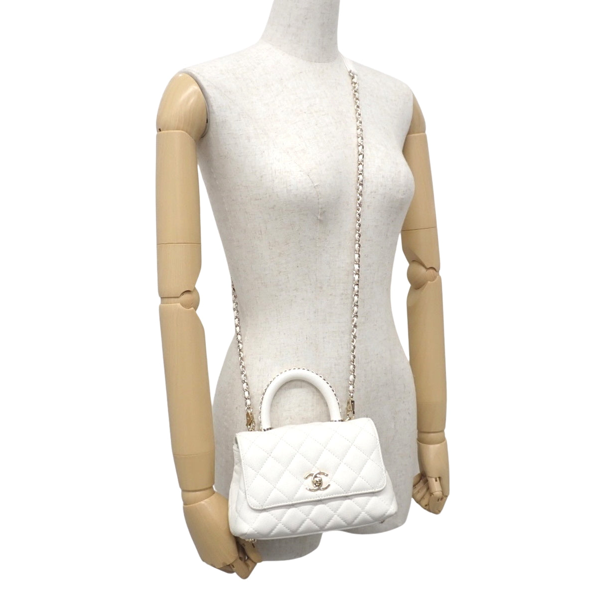 Matelasse Coco Handle 19 XXS Chain Shoulder Bag, Caviar Skin, White, AS2215