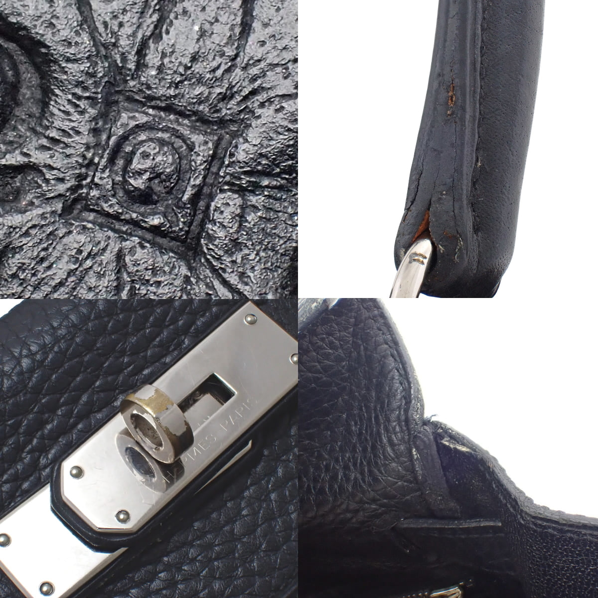 Kelly 28(内缝线)Taurillon 黑色皮革搭配银色金属配件和 Q 印章