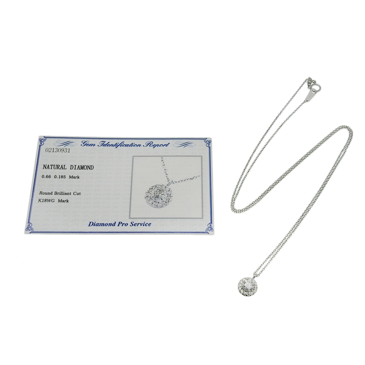 Diamond necklace, 0.66 carats, 0.185 grams, 18K white gold.