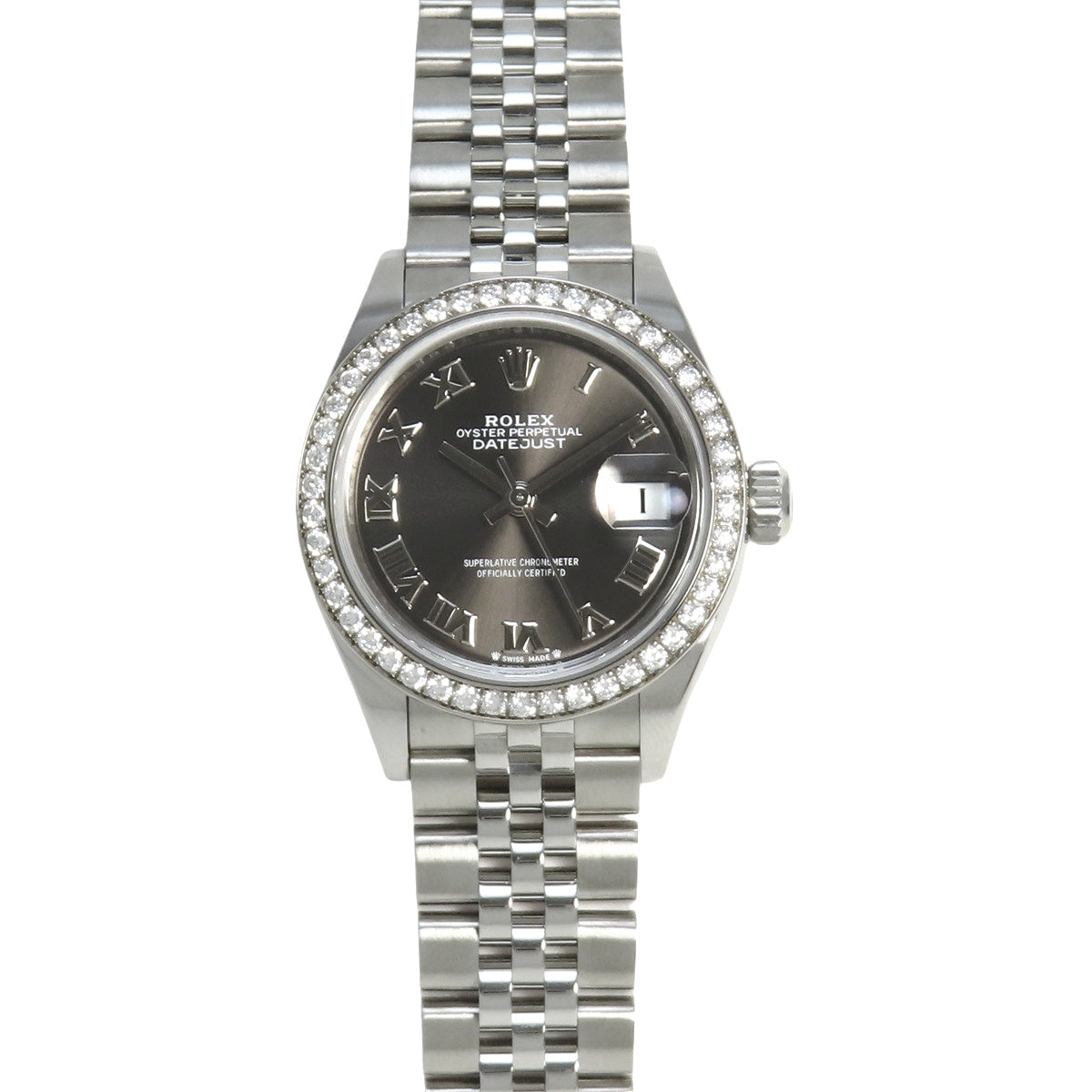 Datejust 28 279384RBR WG/SS, random serial number, automatic winding, dark gray dial, diamond bezel.