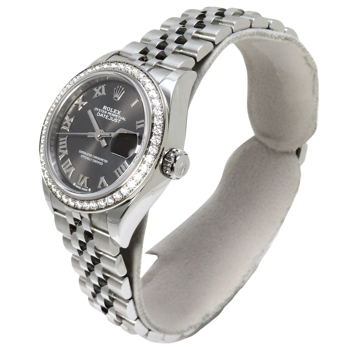 Datejust 28 279384RBR WG/SS, random serial number, automatic winding, dark gray dial, diamond bezel.