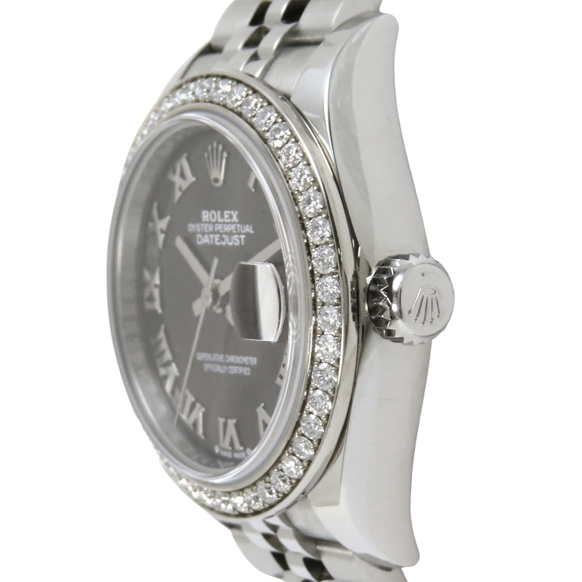 Datejust 28 279384RBR WG/SS, random serial number, automatic winding, dark gray dial, diamond bezel.
