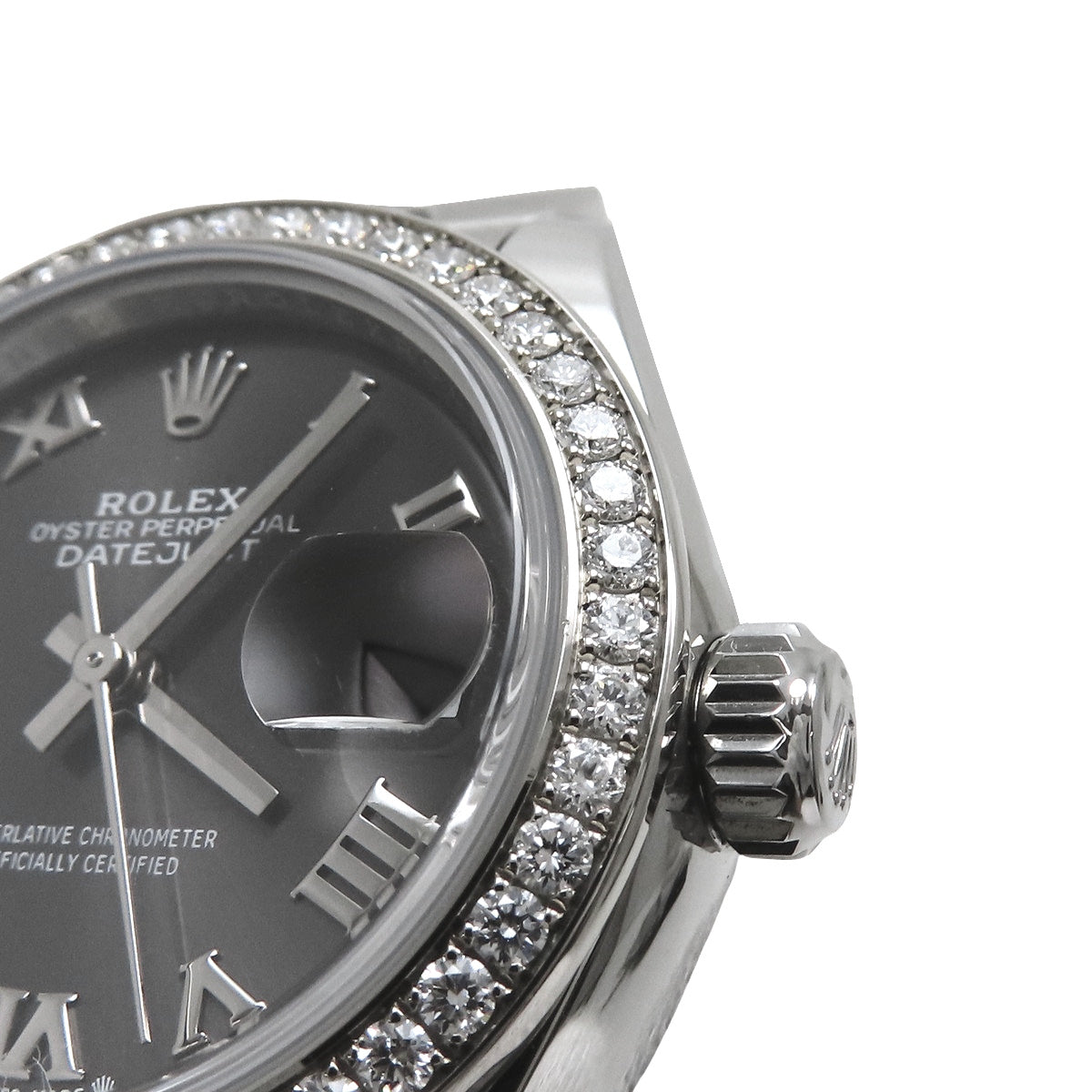 Datejust 28 279384RBR WG/SS, random serial number, automatic winding, dark gray dial, diamond bezel.
