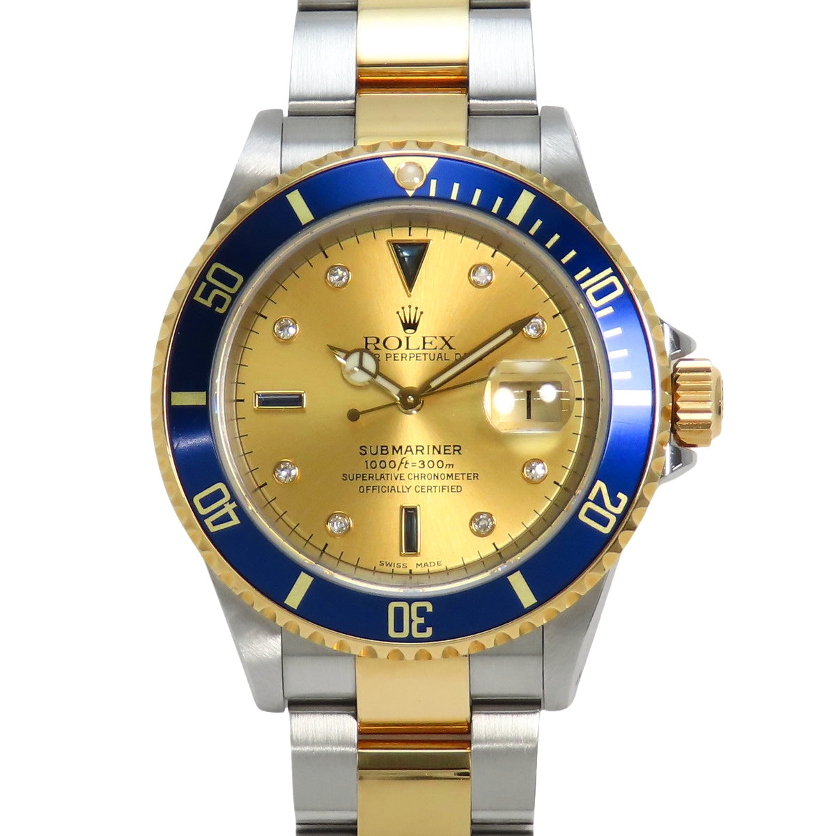 16613SG潜航者型日期型腕表,黄金/不锈钢材质,Y字头,自动上链,香槟金表盘,8颗钻石/3颗蓝宝石镶嵌。