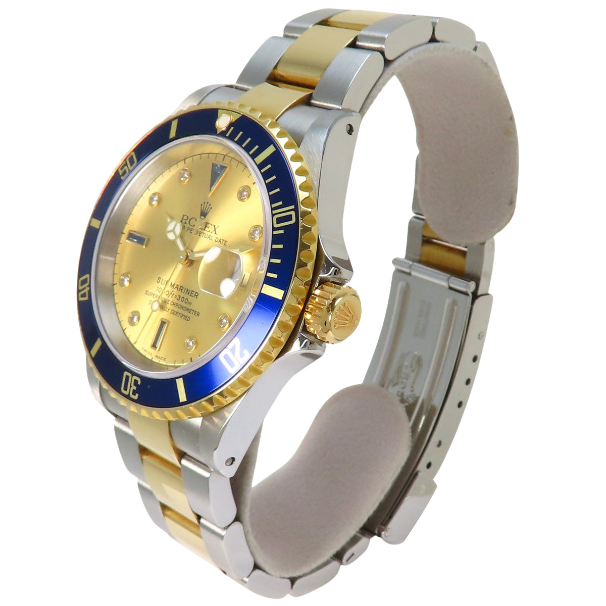 16613SG潜航者型日期型腕表,黄金/不锈钢材质,Y字头,自动上链,香槟金表盘,8颗钻石/3颗蓝宝石镶嵌。