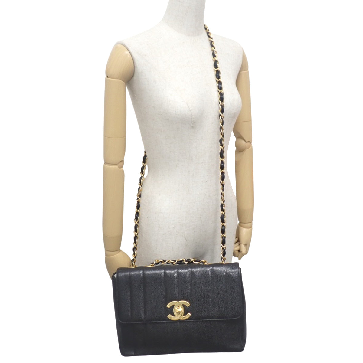 Mademoiselle Coco Mark Chain Shoulder Bag, Caviar Skin, Black