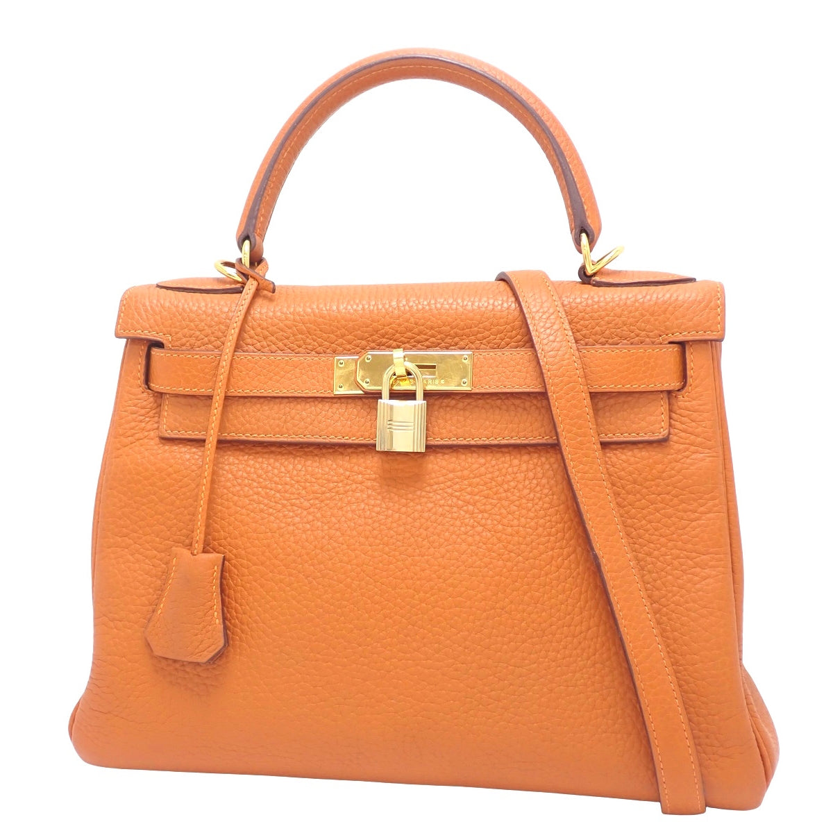 Kelly 28(内缝线)Taurillon 橙色,配金色金属配件和 I 印章