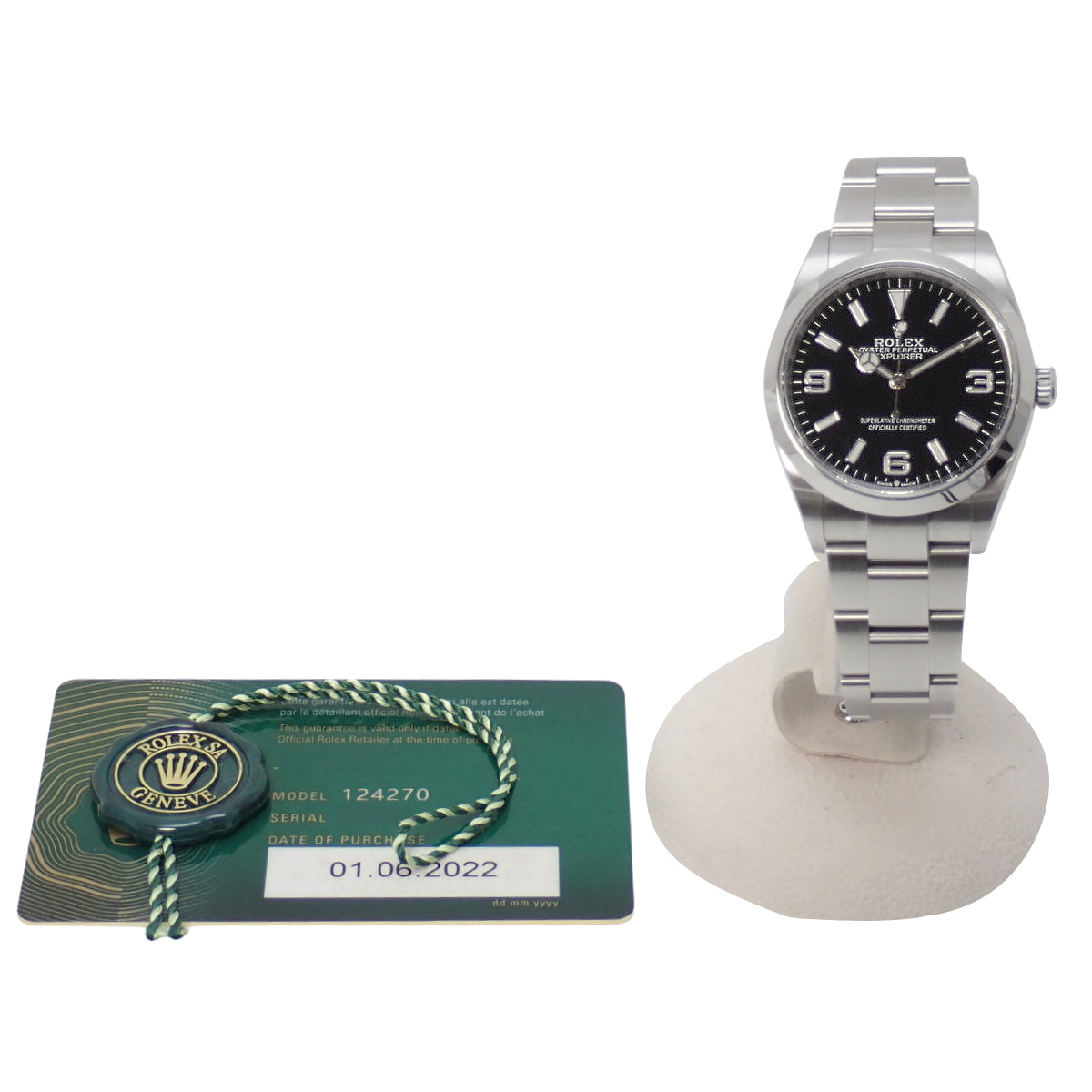 124270 Explorer 1 SS, random serial number, automatic winding, black dial.