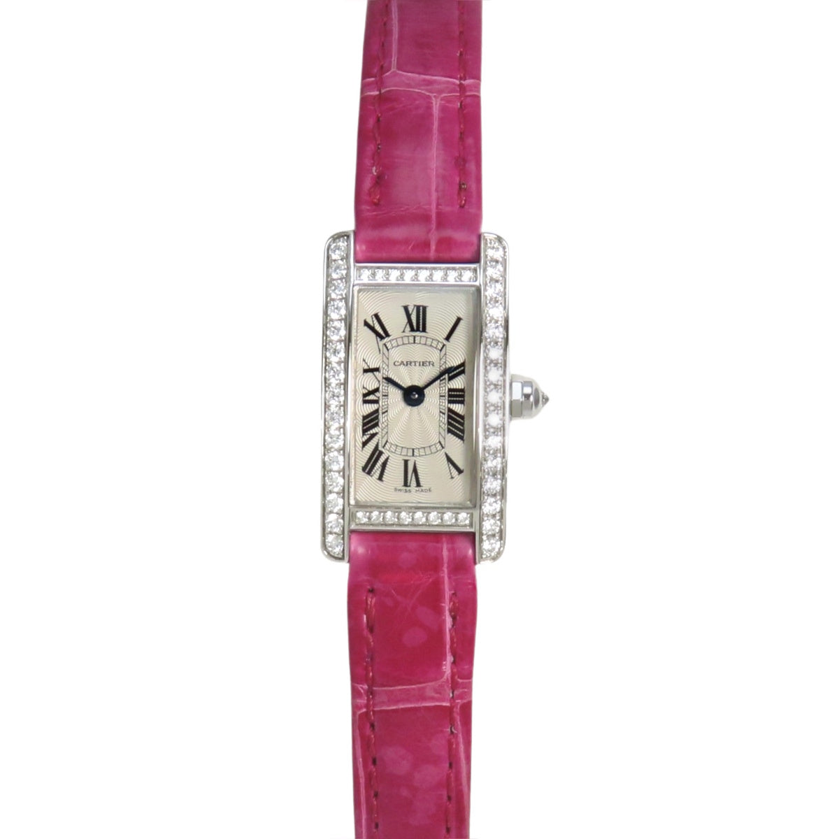 WB710015 Tank Americaine Mini, White Gold/Leather, Quartz, Silver Dial with Diamond Bezel