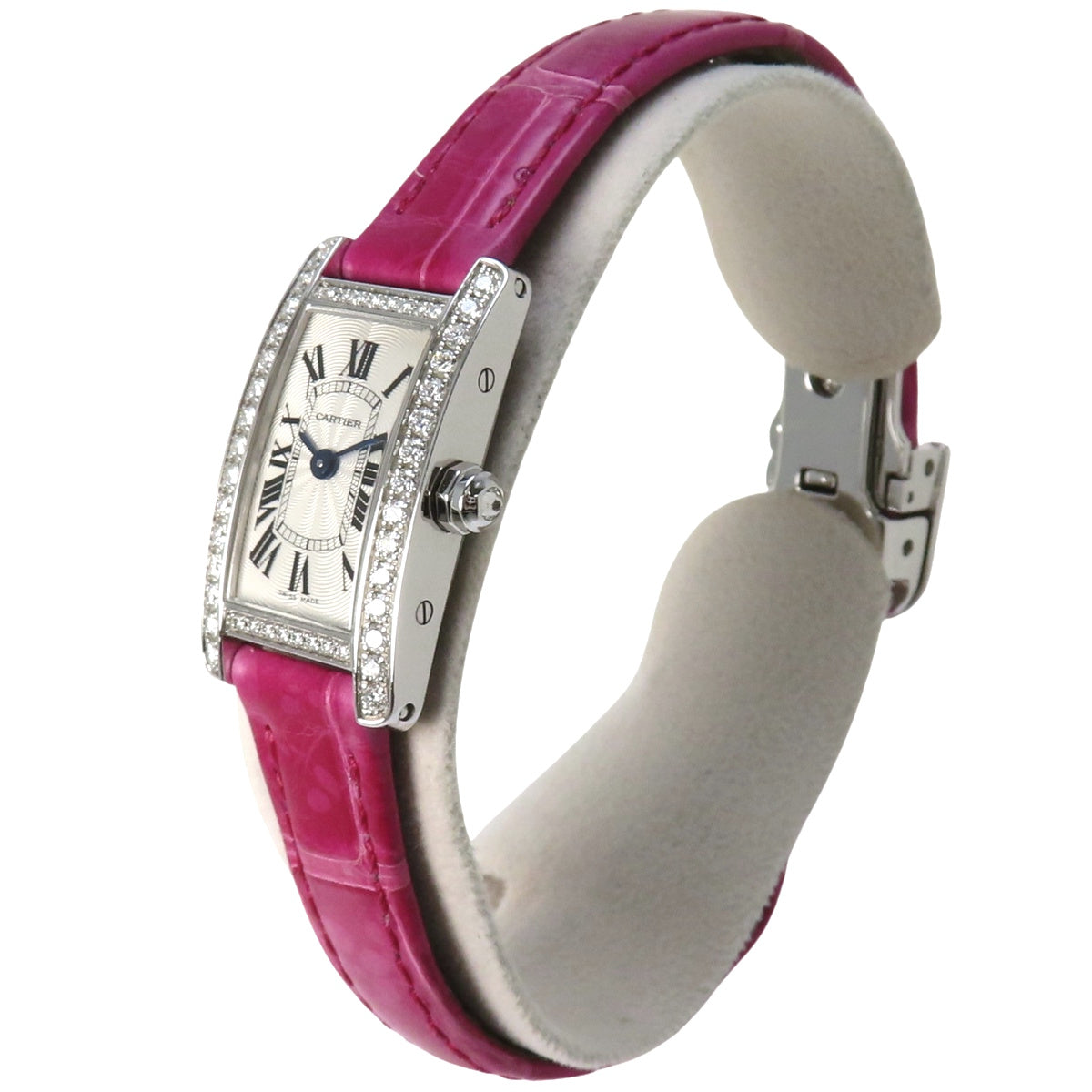 WB710015 Tank Americaine Mini, White Gold/Leather, Quartz, Silver Dial with Diamond Bezel