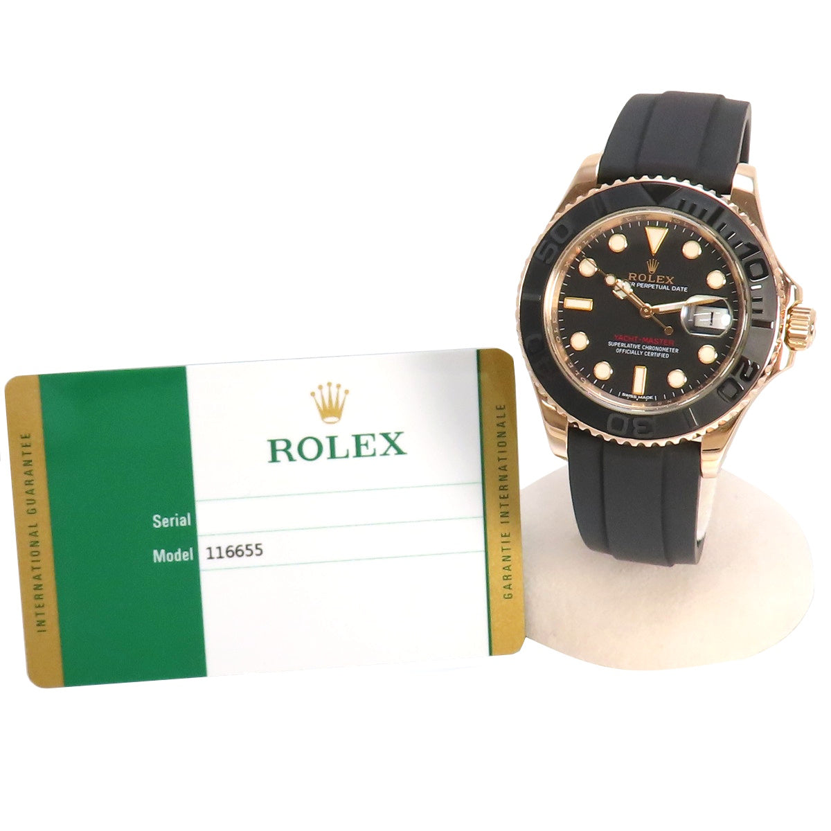 116655 Yachtmaster 40 PG/Rubber, random serial number, automatic winding, black dial.